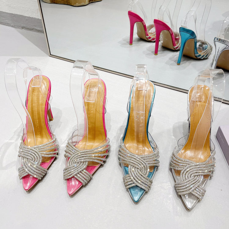 New style high-heeled sandals with rhinestones for women, stilettos, pointed toes, transparent high heels