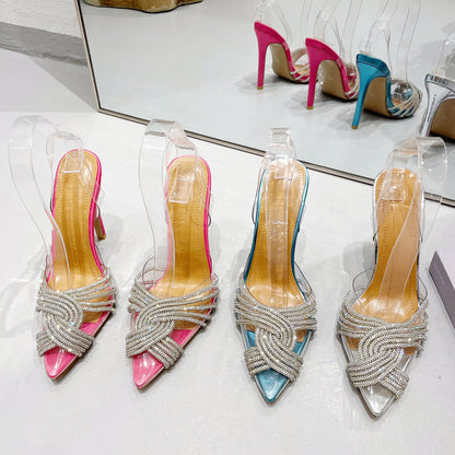 New style high-heeled sandals with rhinestones for women, stilettos, pointed toes, transparent high heels