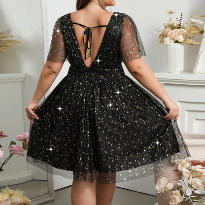Temperament hot star mesh dress sexy deep V backless banquet evening dress