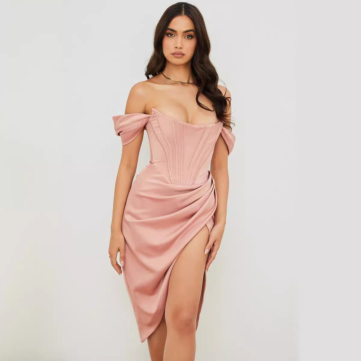 Women's solid color suspender sexy slit dress