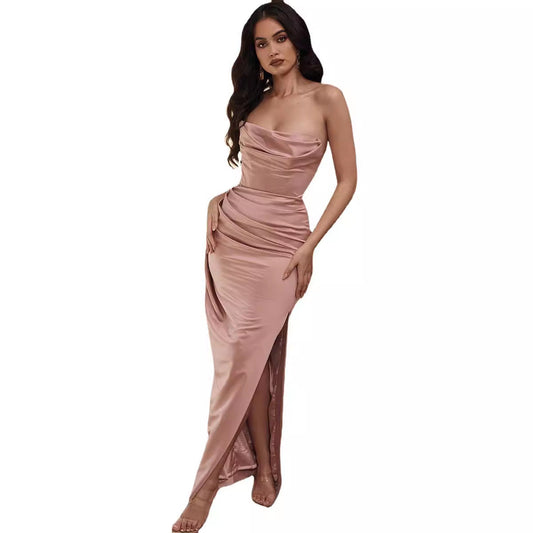 Strapless Sleeveless Solid Color Slit Dress