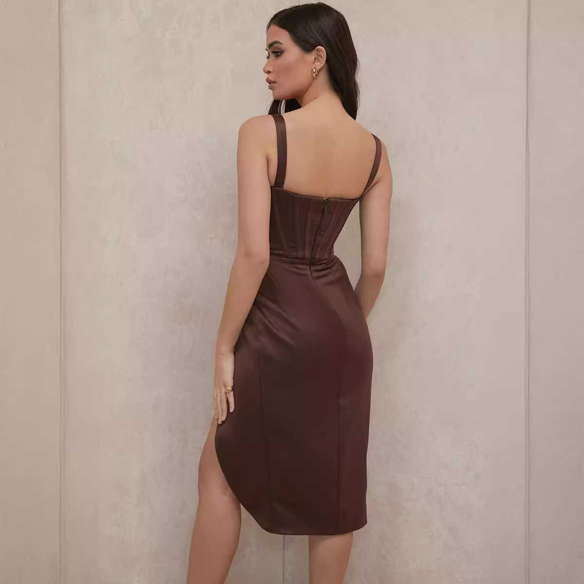 Women's solid color suspender sexy slit dress