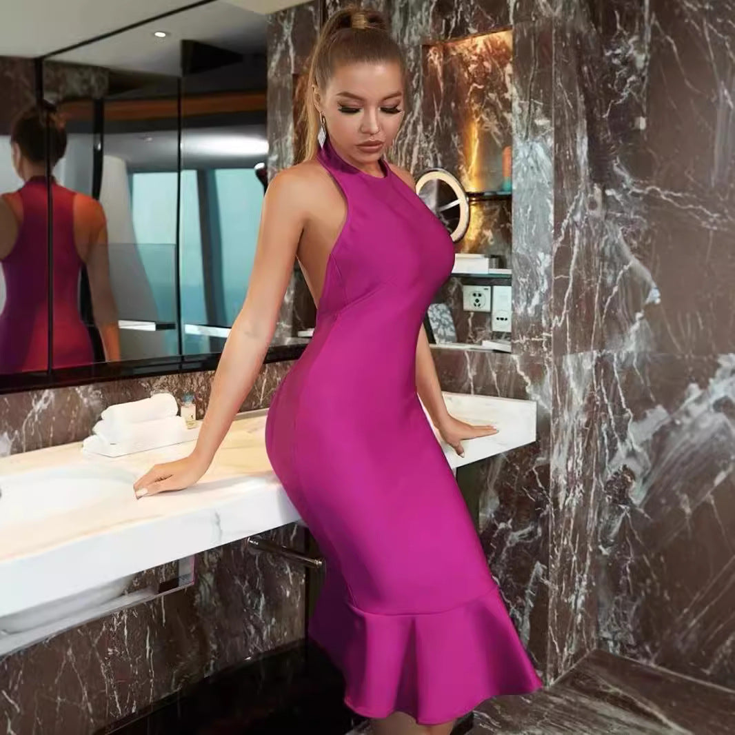 European and American women's purple bandage dress halter neck elastic fishtail skirt sexy backless banquet evening dress hip