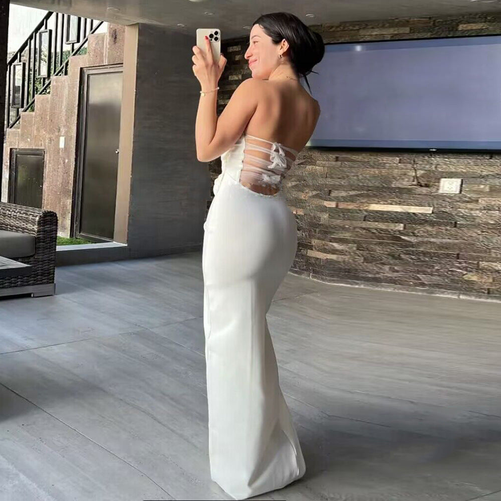 European and American tube top three-dimensional flower white bandage dress mesh sexy bow slim dress