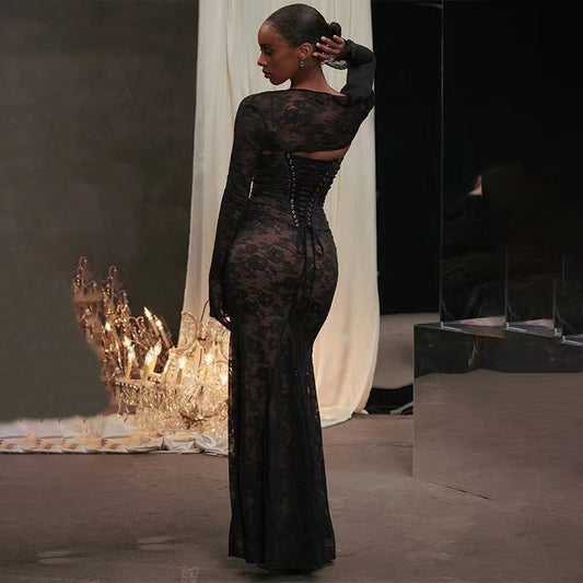 Sexy long-sleeved lace top suspenders pleated lace lace dress two-piece suit