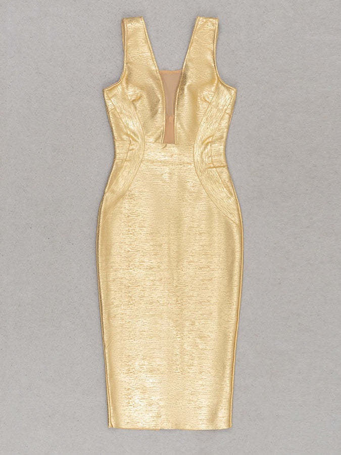 European and American foreign trade luxury sexy perspective mesh gold-stamping bandage dress hip-wrapped back slit tight evening dress