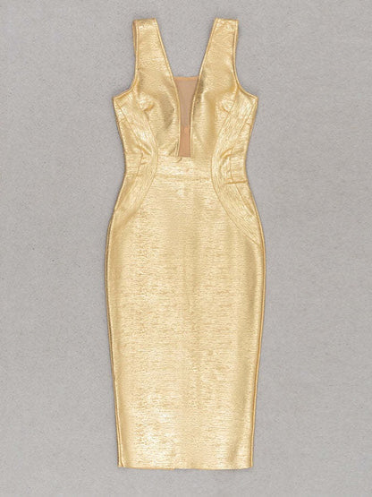European and American foreign trade luxury sexy perspective mesh gold-stamping bandage dress hip-wrapped back slit tight evening dress