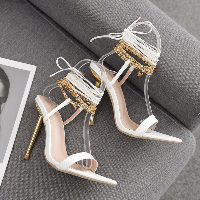 Pointed open toe stiletto sexy chain strap Roman summer sandals high heels