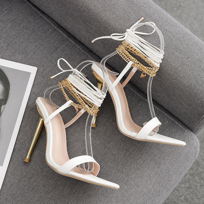 Pointed open toe stiletto sexy chain strap Roman summer sandals high heels