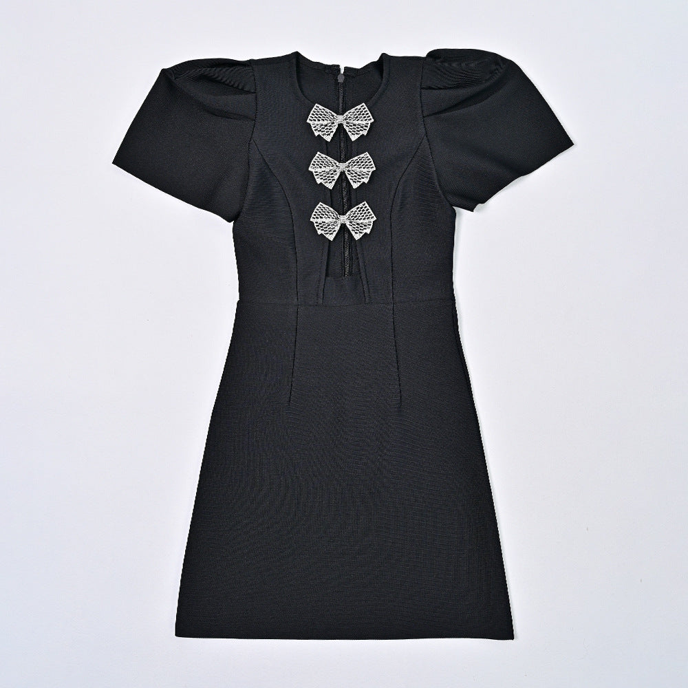 Heavy diamond inlaid black hollow flower bandage short-sleeved dress hollow sexy hot girl women's clothing