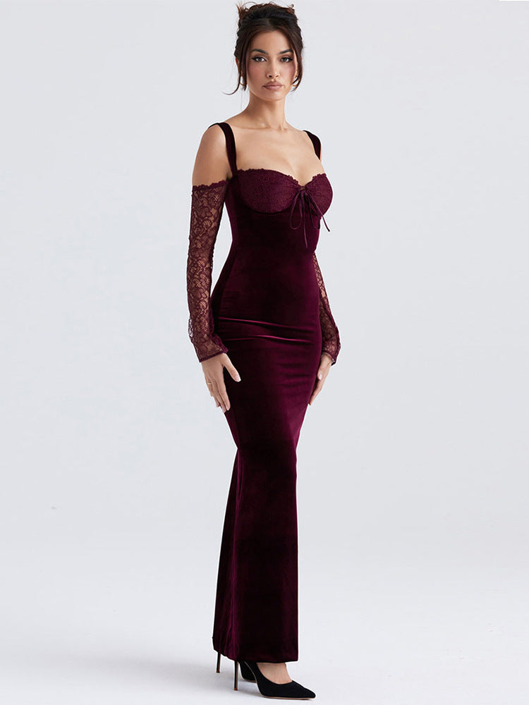 Lace embroidery lace strapless hip-wrapped maxi dress