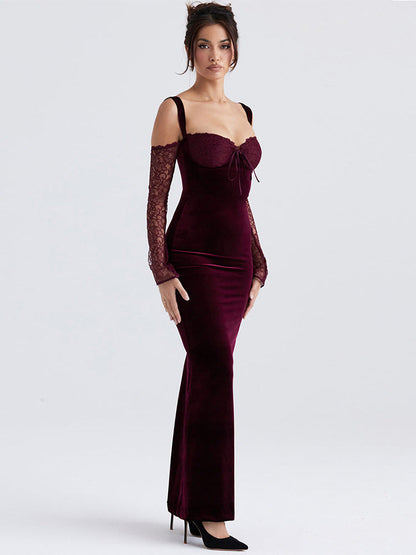 Lace embroidery lace strapless hip-wrapped maxi dress