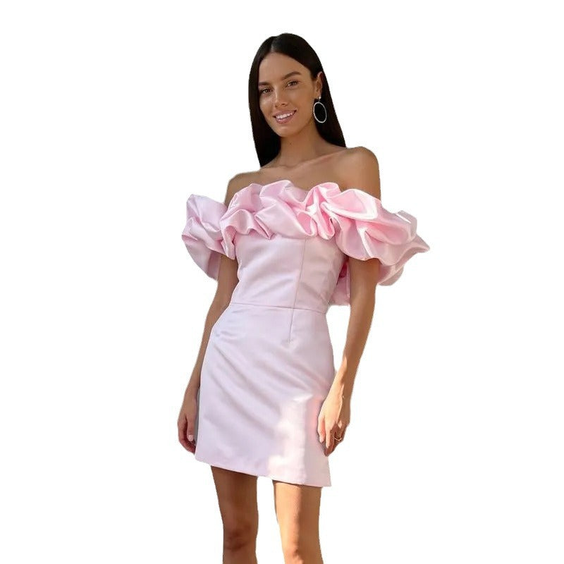Solid color tube top off shoulder ruffled dress