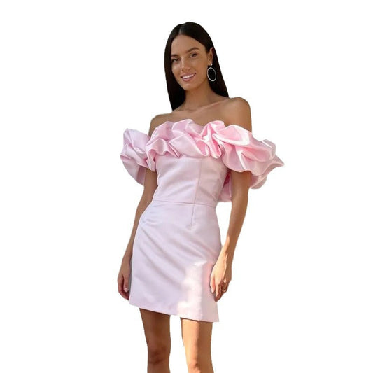 Solid color tube top off shoulder ruffled dress