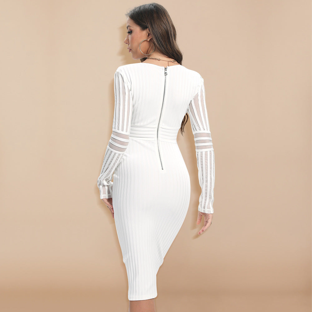 European and American mesh low-cut sexy bandage long-sleeved dress high-end tight elastic long skirt see-through women's clothing