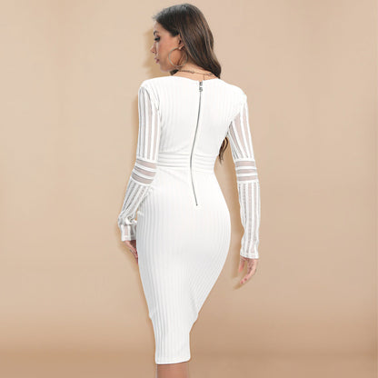 European and American mesh low-cut sexy bandage long-sleeved dress high-end tight elastic long skirt see-through women's clothing