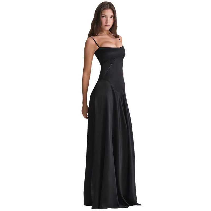 Sexy solid color sleeveless suspender body shaping backless long dress