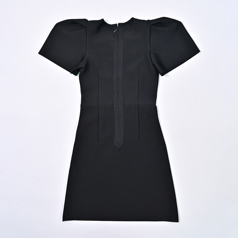 Heavy diamond inlaid black hollow flower bandage short-sleeved dress hollow sexy hot girl women's clothing