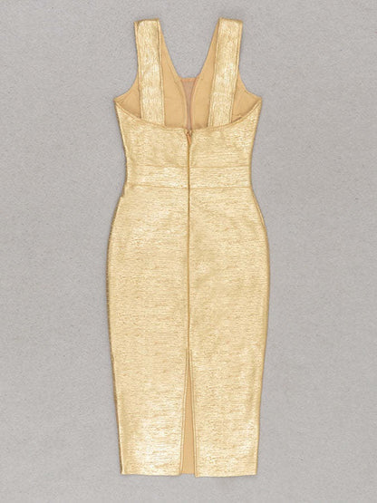 European and American foreign trade luxury sexy perspective mesh gold-stamping bandage dress hip-wrapped back slit tight evening dress