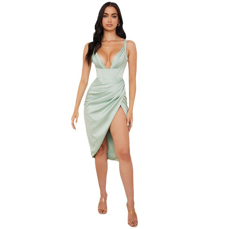 Women's solid color suspender sexy slit dress