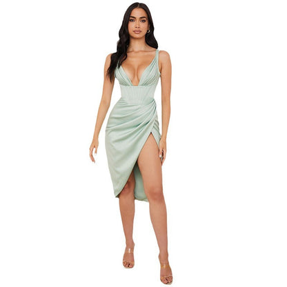 Women's solid color suspender sexy slit dress