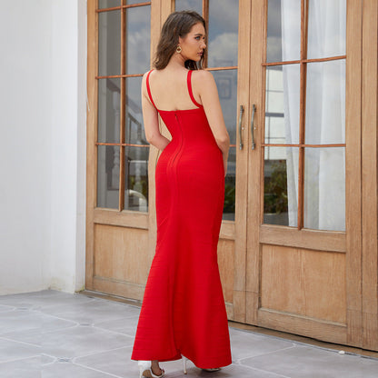 2024 High-end Red Suspender Dress Bandage Tight Long Dress High-end Hip Dress Wedding Party Evening Dress