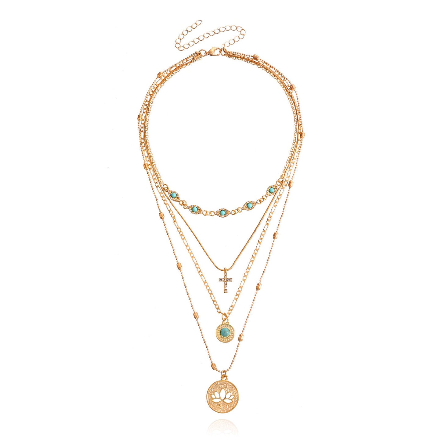 Multi-layer eyelet chain hollow flower diamond cross pendant necklace