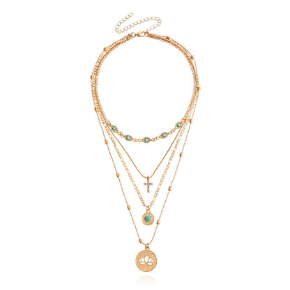 Multi-layer eyelet chain hollow flower diamond cross pendant necklace