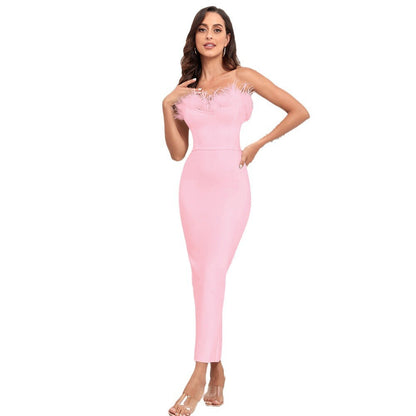 Feather wrapped chest pink bandage dress skirt low-cut sexy tight summer high-end cocktail dress