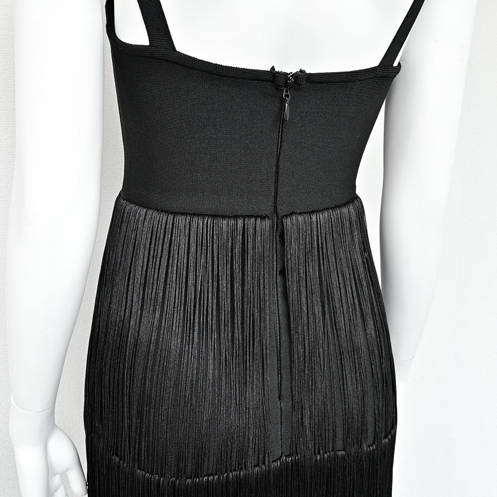 Black suspender tassel bandage long dress high-end heavy-duty women's elastic knitted sexy dress large size