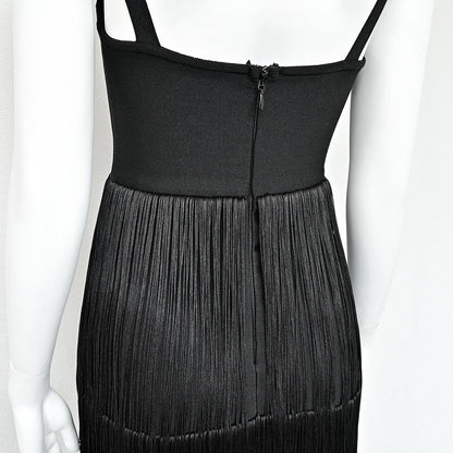 Black suspender tassel bandage long dress high-end heavy-duty women's elastic knitted sexy dress large size