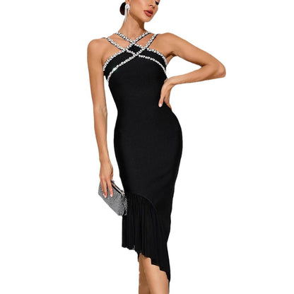 European and American heavy industry diamond-studded sexy bandage evening dress irregular ruffled hip-wrapped hot girl dress stretch women's clothing