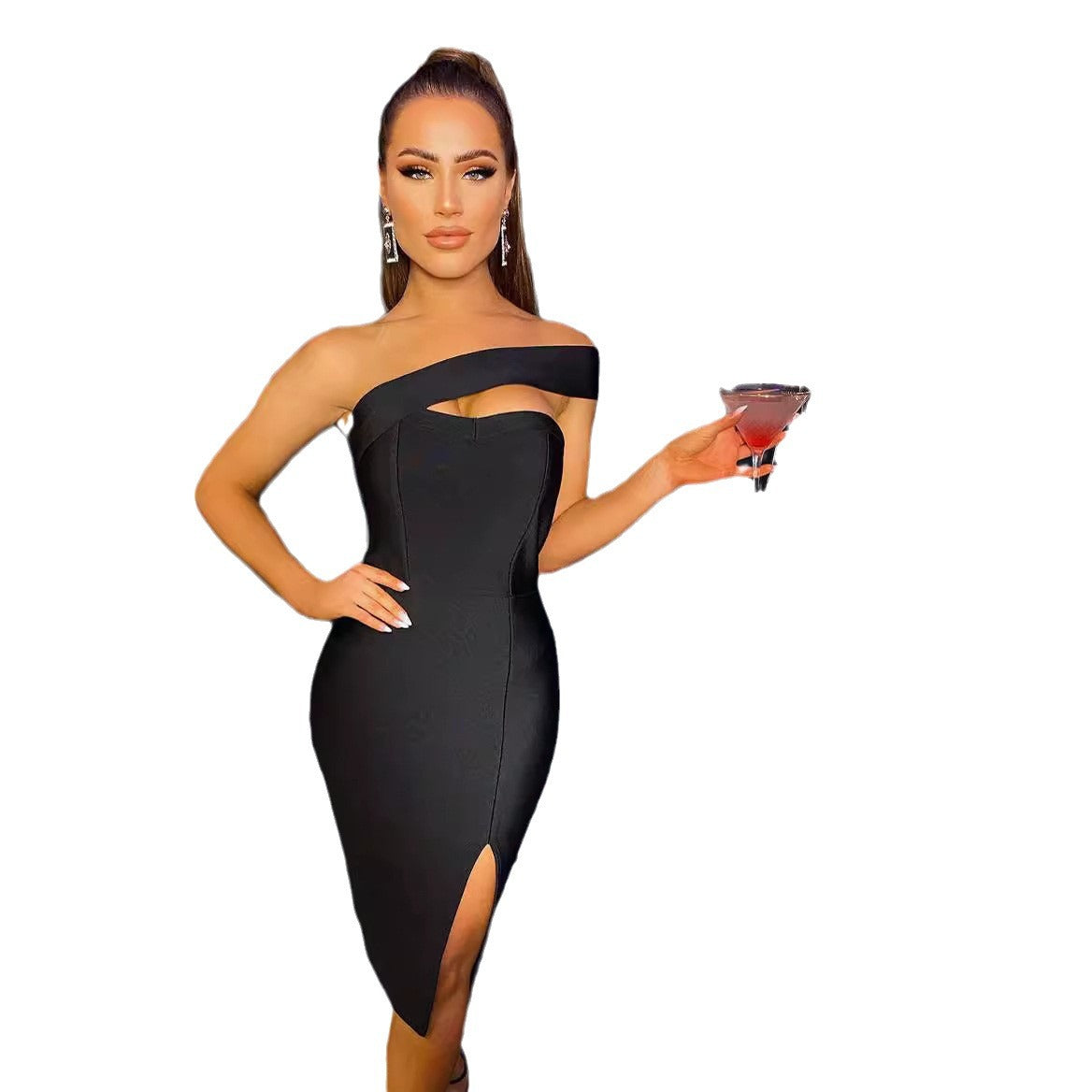 2024 one-shoulder oblique hollow irregular bandage dress Party sexy nightclub slim women's clothing