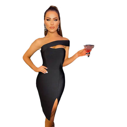 2024 one-shoulder oblique hollow irregular bandage dress Party sexy nightclub slim women's clothing