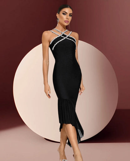 European and American heavy industry diamond-studded sexy bandage evening dress irregular ruffled hip-wrapped hot girl dress stretch women's clothing