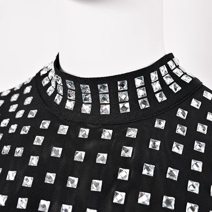 High-end heavy-duty diamond-studded black mesh see-through bandage women's tight sexy slim-fitting dress