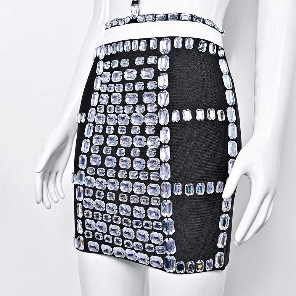 2024 Autumn and Winter High-end Diamond Bandage Evening Dress Set Hollow Halter Neck Sexy Hottie Women's Clothing