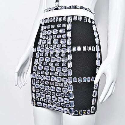 2024 Autumn and Winter High-end Diamond Bandage Evening Dress Set Hollow Halter Neck Sexy Hottie Women's Clothing