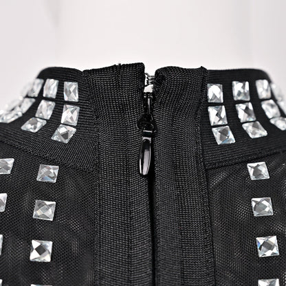 High-end heavy-duty diamond-studded black mesh see-through bandage women's tight sexy slim-fitting dress