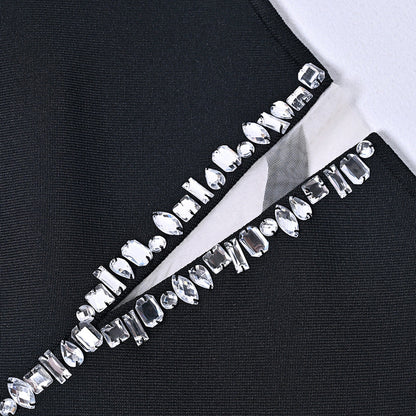 Sexy high-end heavy-duty diamond-studded bandage evening dress tight-fitting perspective slit retro elastic hip-wrapped women's clothing