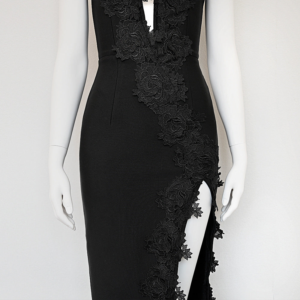 Black chest wrap sexy embroidered lace bandage long skirt 2024 elastic high-end heavy French slit dress