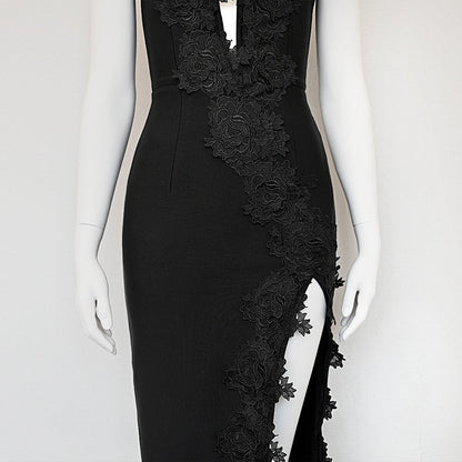 Black chest wrap sexy embroidered lace bandage long skirt 2024 elastic high-end heavy French slit dress