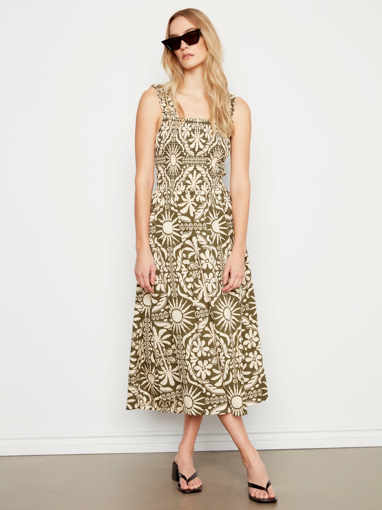 Printed Sleeveless Midi Dress with Shirring Detail - Celadon