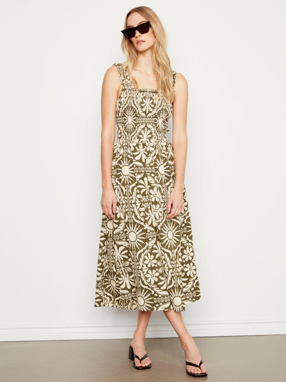 Printed Sleeveless Midi Dress with Shirring Detail - Celadon
