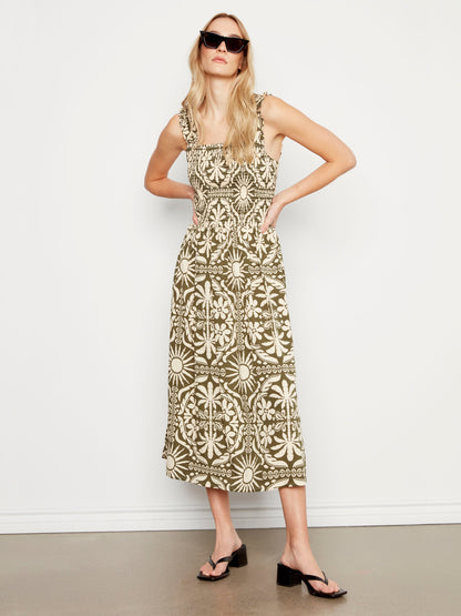Printed Sleeveless Midi Dress with Shirring Detail - Celadon