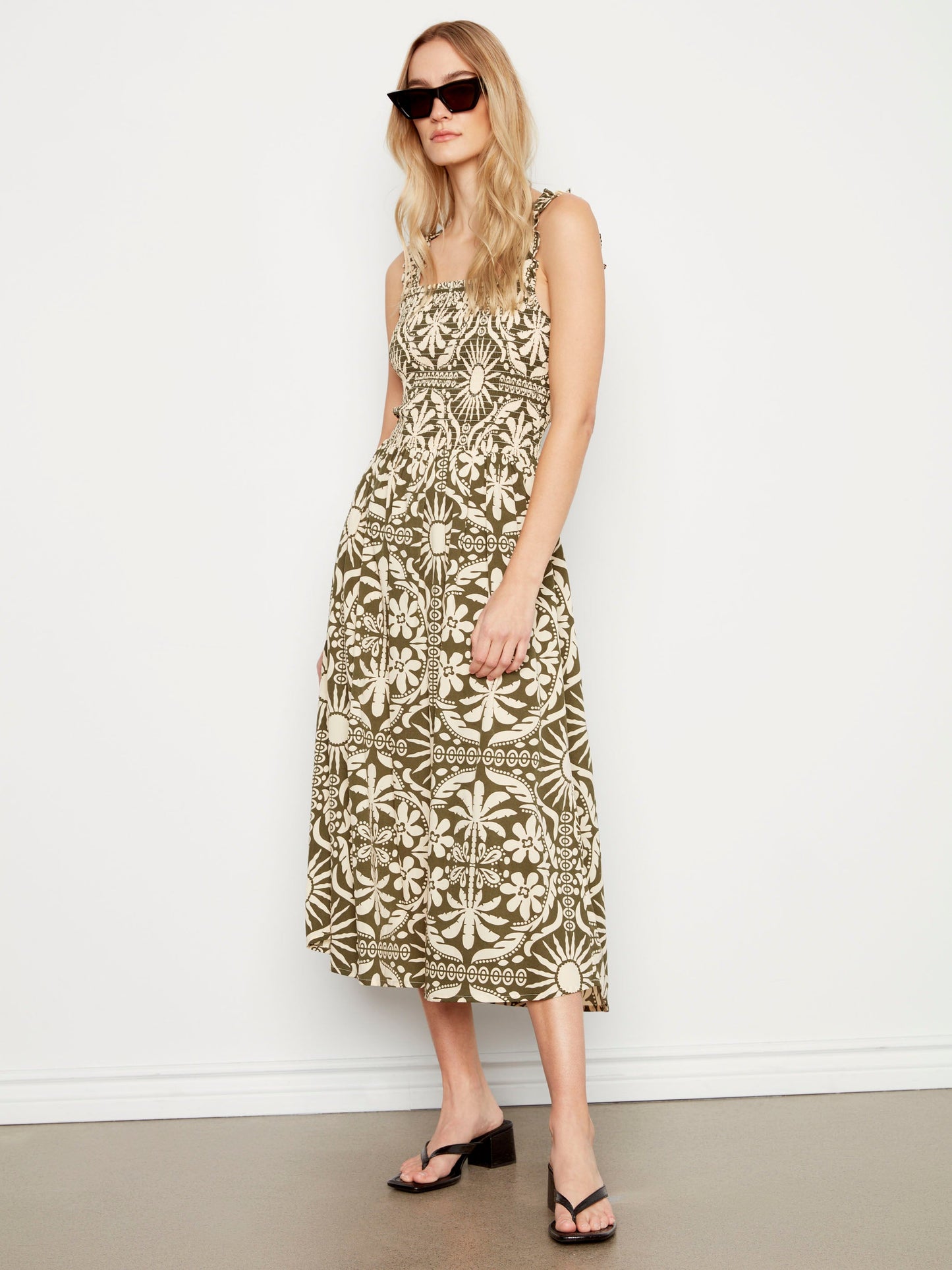 Printed Sleeveless Midi Dress with Shirring Detail - Celadon