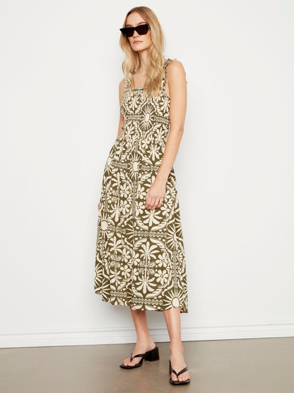 Printed Sleeveless Midi Dress with Shirring Detail - Celadon