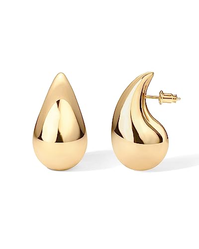 PAVOI 14K Gold Plated 925 Sterling Silver Post Teardrop Chunky Hoop Earrings | Lightweight Drop Earrings for Women | Designer Dupe Earrings