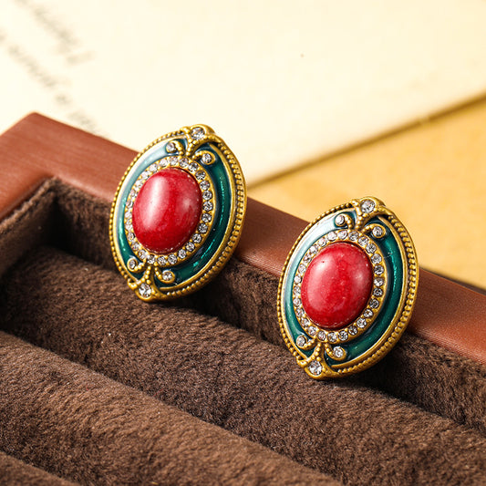 Vintage medieval jewelry earrings summer high-end niche luxury natural stone enamel retro earrings