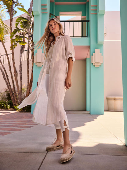 Foil Print Linen Blend Tunic Dress - Champagne